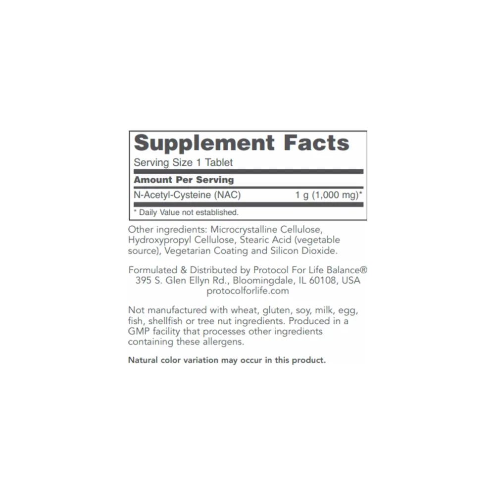 N-Acetyl-L-Cysteine (NAC) 1000mg - 120 Tablets | Protocol for Life Balance