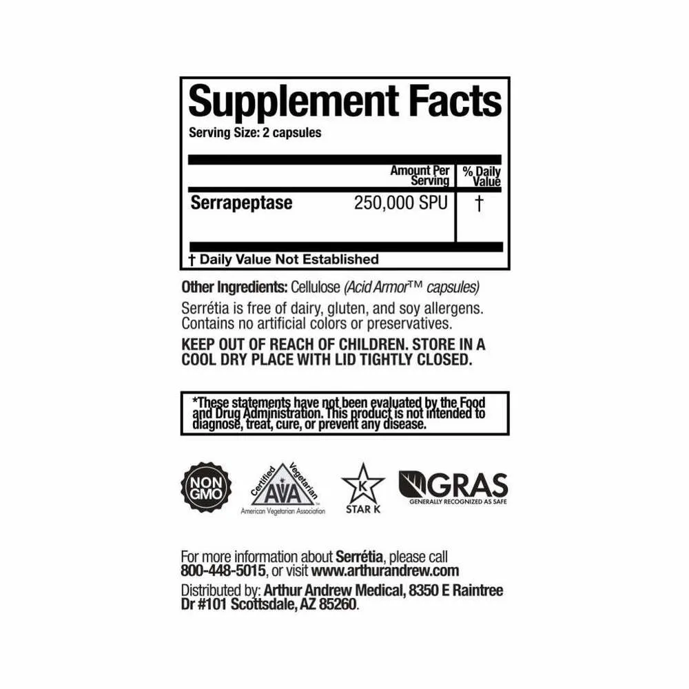 Serretia (Serrapeptase) 250,000 SPU's - 90 Capsules | Arthur Andrew Medical